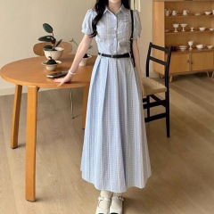 法式蓝色小清新条纹翻领连衣裙女夏季新款高级感气质收腰衬衫长裙