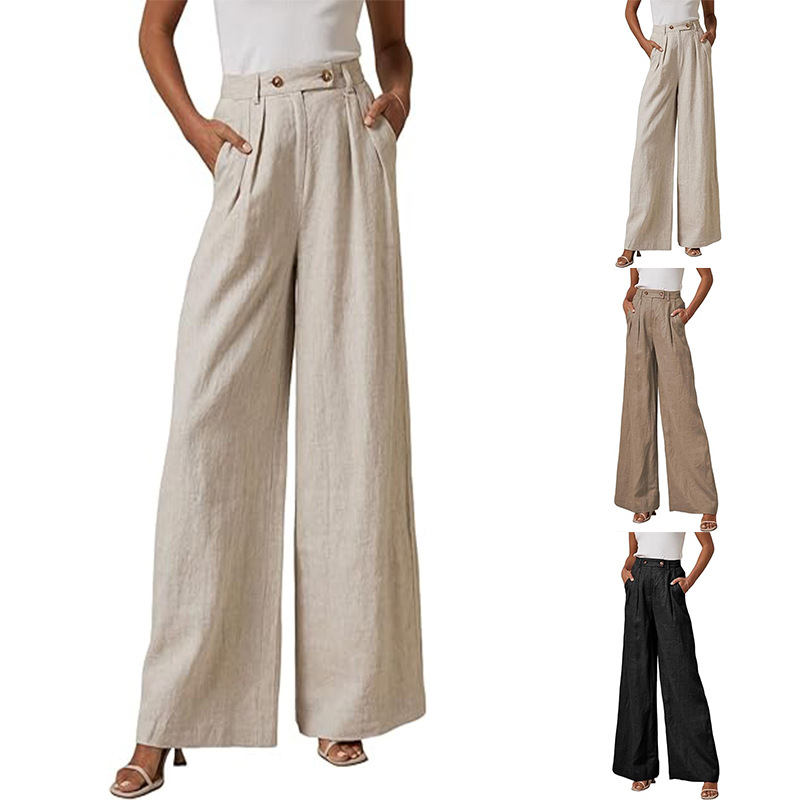 Cross-border European and American Amazon summer new women's high waist loose casual comfortable pocket wide leg straight pants trousers