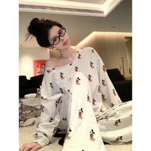 韩版设计露肩卡通米奇睡衣女秋季2025年新款长袖长裤家居服两件套