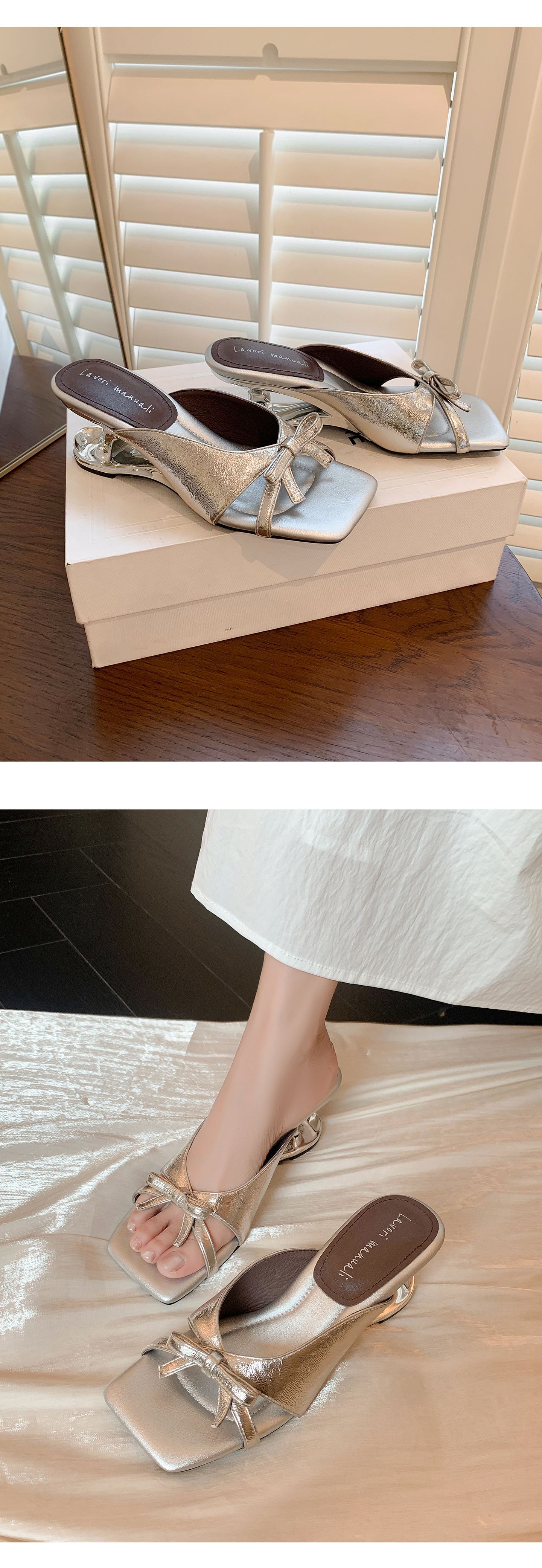 Sandal cao gót nữ mũi vuông da cừu nơ bướm đế mềm — Trần truồng hồng, Trắng chấm bi, bạc chi tiết 10
