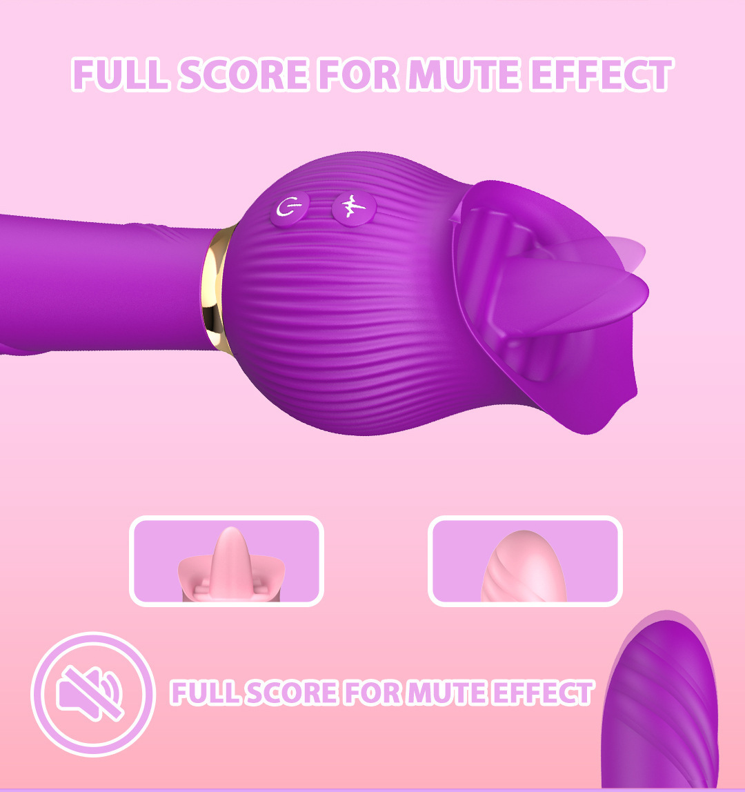 Afiya Rose Telescopic Sucking Vibrator with Tongue Licker, Pink Rose-Purple, Silicone & ABS — detail image 9