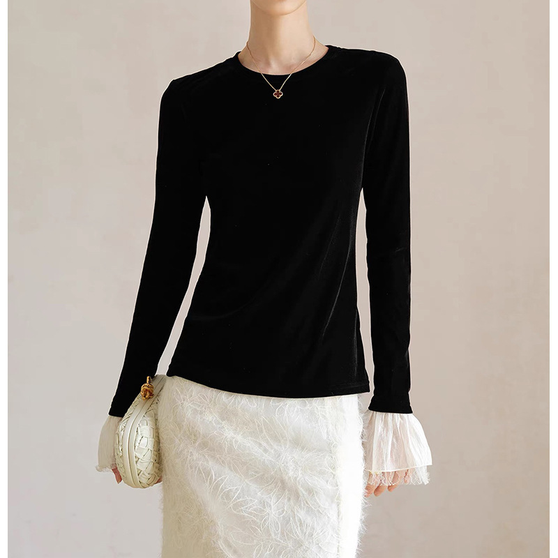 In-Stock Manufacturer Wholesale Warm Velvet Lace Petal Bell Sleeve Fashion Versatile Round Neck T-Shirt Base Shirt for Women