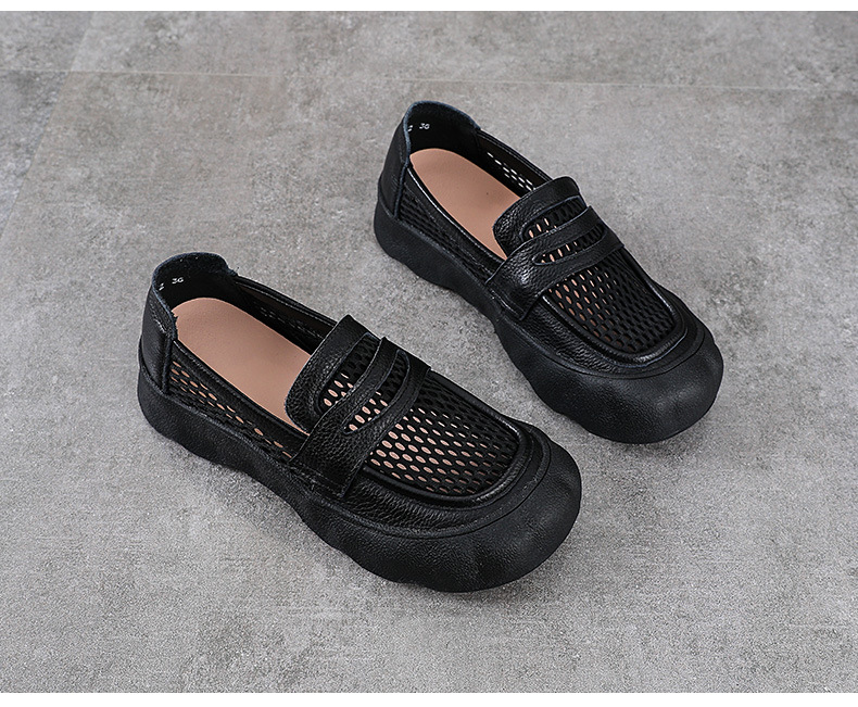 Giày sandal lười nữ đế bệt da bò thật phong cách cổ điển mùa hè — màu nâu chi tiết 13