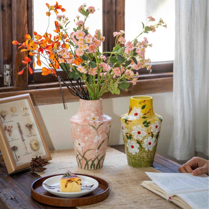 手绘粉釉黄釉花卉景德镇陶瓷花瓶油画花瓶手工陶艺干花装饰小花器|undefined