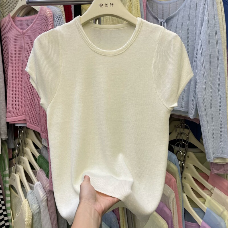 Korean Style New Summer Round Neck T-Shirt Knitwear Short-Sleeved Simple Versatile Top for Women Classic Pullover Thin Style Korean Style New Summer Round Neck T-Shirt Knitwear Short-Sleeved Simple Versatile Top for Women Classic Pullover Thin Style