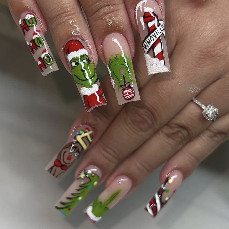 Christmas Wear Armor Long Pipe Green Hair Monster Grinch Letter Print Removable Fake Nail Nail Nail Pieces