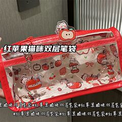 レッドアップル猫二層鉛筆バッグイン高価値漫画透明防水かわいい学生収納袋文具バッグ