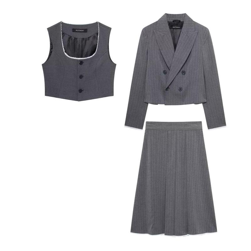 Taop&Za New Autum Women's Elegant Style Pinstripes Short Suit Vest Skirt Three-Piece Set 3046499