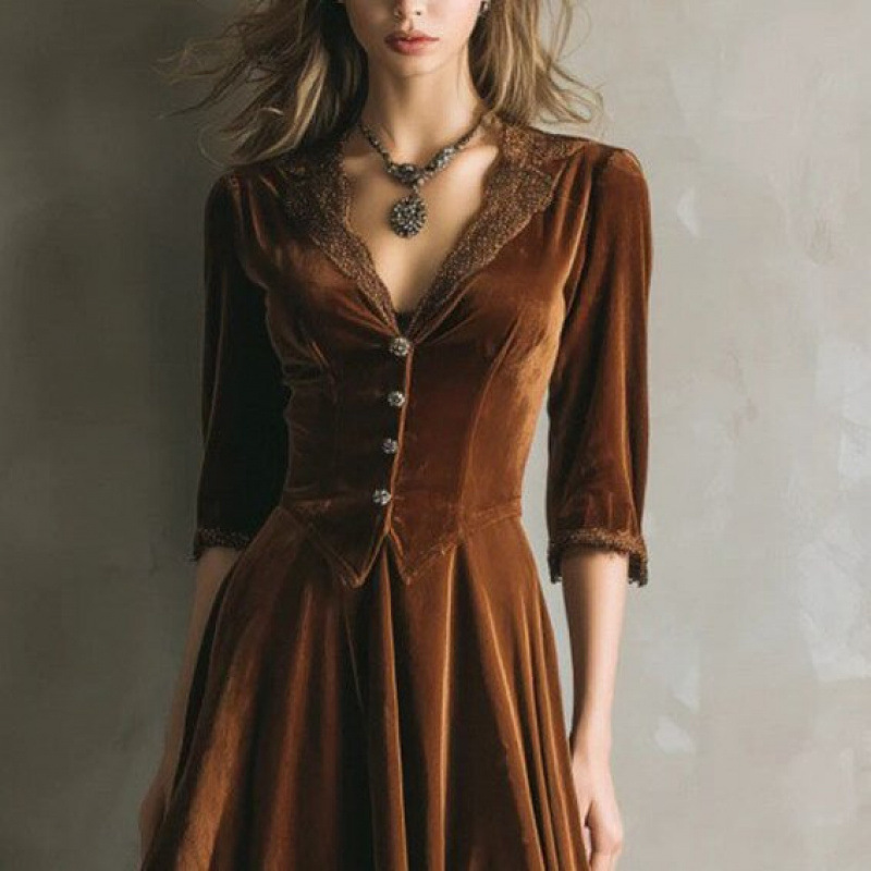 Women's Street Hipsters, Western Style, Autumn And Winter Velvet Patchwork, Lace Swing Dress_ecoleips.com