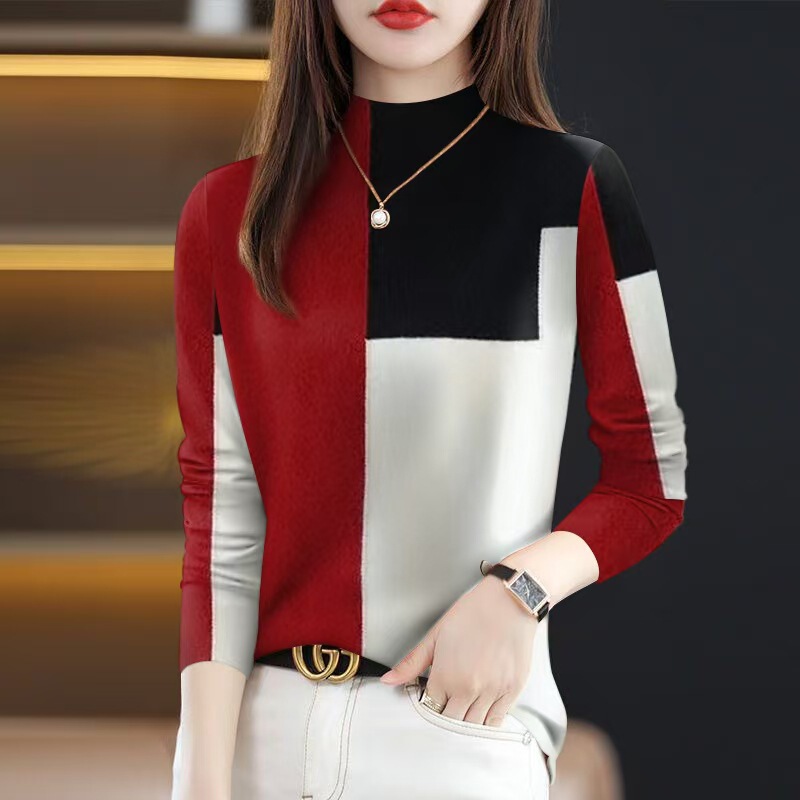 批发2025新款春秋爆款女士t恤遮肚薄款半高领时尚长袖一件代发|undefined