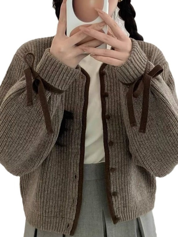 韩系甜美风短款针织开衫女秋冬季设计感小众系带毛衣外套外搭上衣|undefined