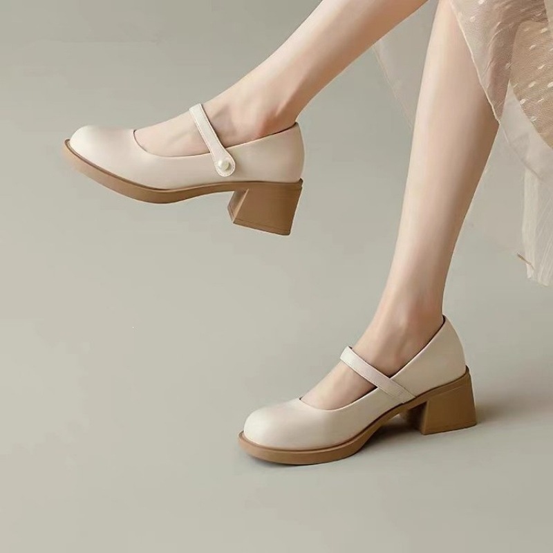 2026 primavera y otoño zapatos de cuero redondos de perla de cuero suave francés zapatos de mujer de tacón grueso zapatos de noche