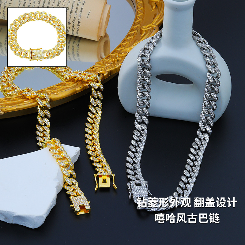 嘻哈项链男士欧美满钻古巴链ins炫酷个性配饰锌合金饰品金色链子