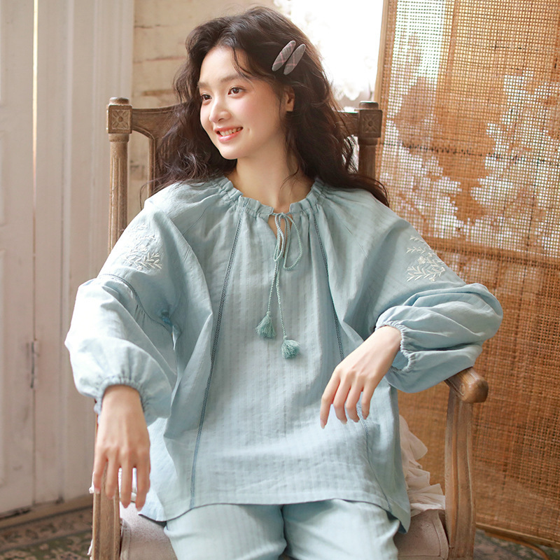 Spring New Women's Pajamas, Pure Cotton Gauze, French-Style Pullover, Suitable for Going Out, Long-Sleeve Set for Air-Conditioned Rooms 75 Spring New Women's Pajamas, Pure Cotton Gauze, French-Style Pullover, Suitable for Going Out, Long-Sleeve Set for Air-Conditioned Rooms 75