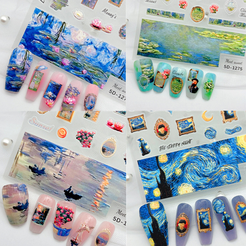 Embossed Sticker Oil Painting Wind Monet Water Lilies Nail Art Decorations Van Gogh Oil Painting Sunflower Iris Nail Decal