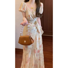 [Beautiful Flower Realm] 夏フレンチロマンチックワンピースストラッププリントドレスフリル気質ロングスカート