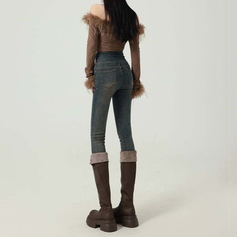 Slim Look Super High Waist Jeans Women's 2024 Autumn Tight Pumpty Pencil Slim Pants Elastic