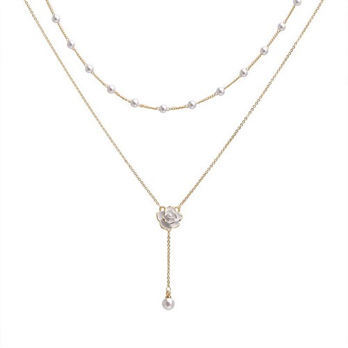 Gentle Girl~ Double Pearl Camellia Necklace for Women, Unique and Sophisticated Design Lockchain, Light Luxury Choker