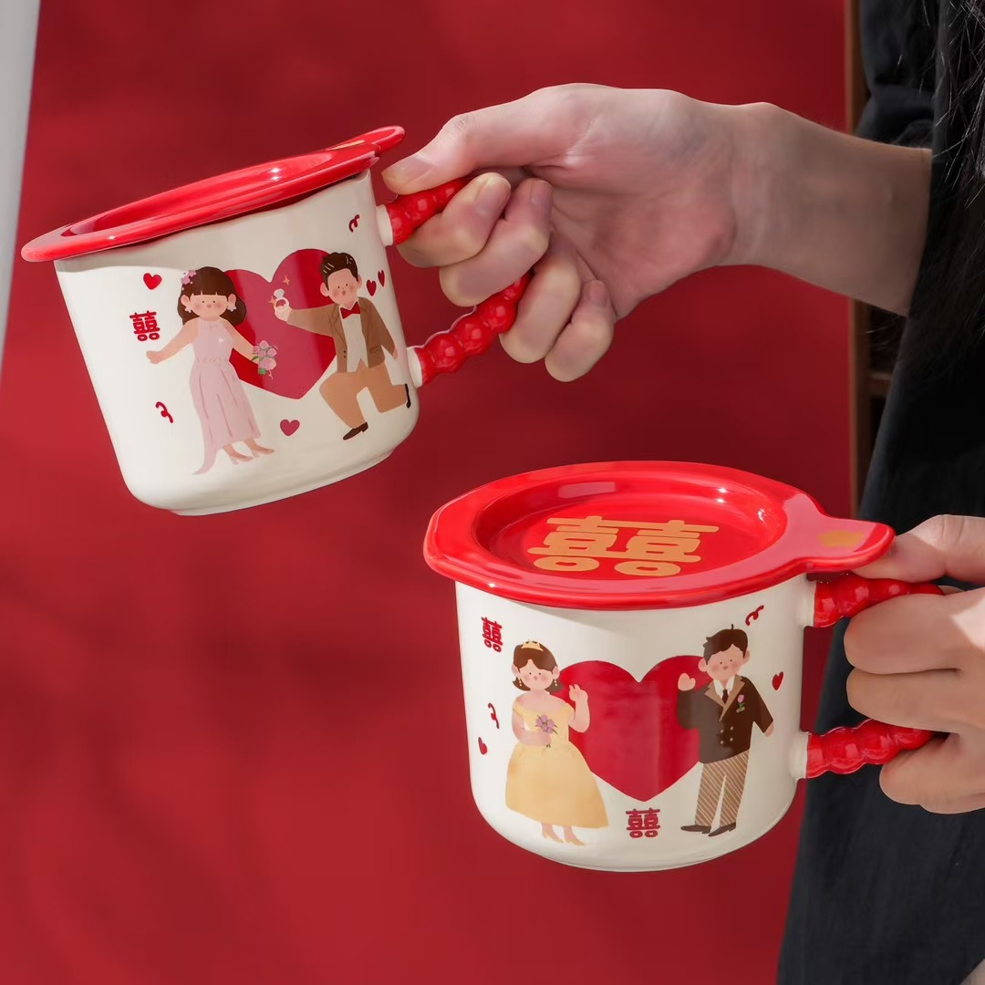 Taza de cerámica china para bebidas de boda creativa con taza de café casera con tapa