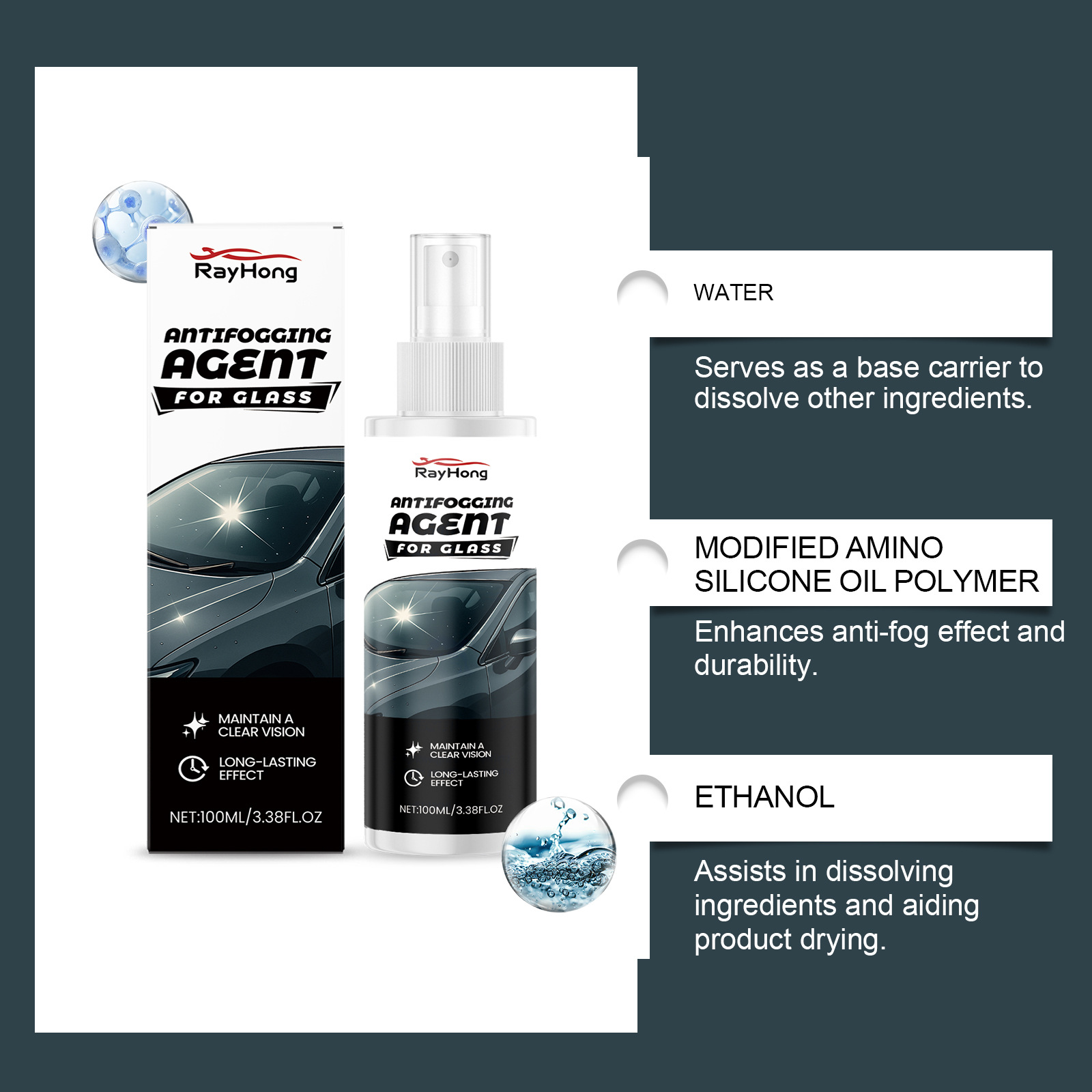 RAYHONG Car Glass Anti-Fog Agent: Cleans and defogges car windows and rearview mirrors, providing clear visibility in rainy weather