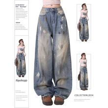 复古泼漆涂鸦直筒牛仔裤女春夏废土风脏色高腰宽松显瘦阔腿拖地裤