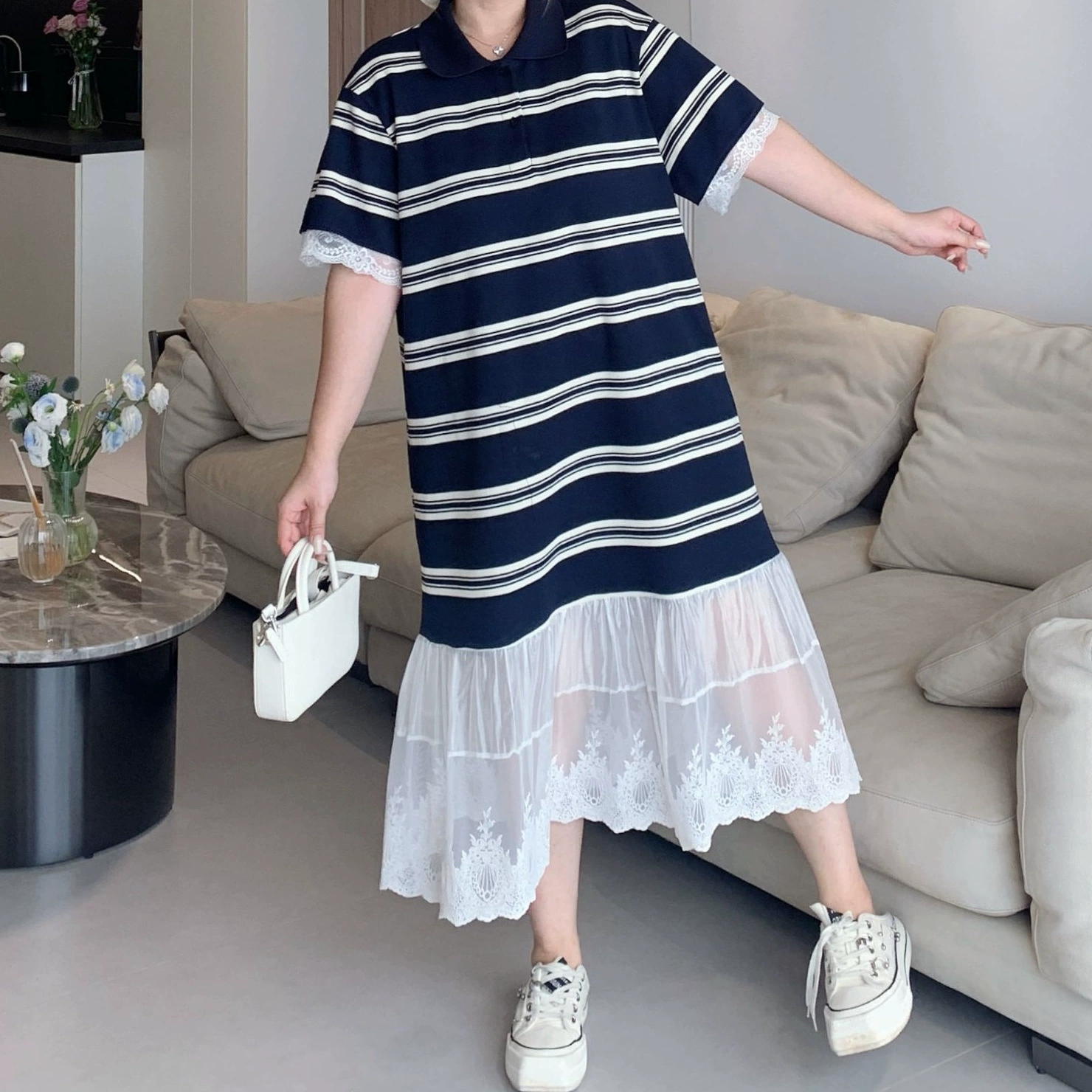 现货新款大码条纹蕾丝拼接连衣裙2025新款宽松显瘦polo裙感女装