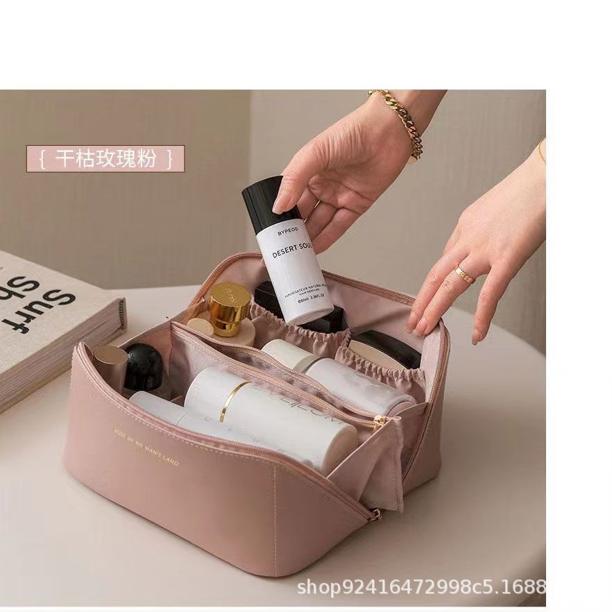 2023 Nueva celebridad de Internet PU bolsa de cosméticos de doble cremallera bolsa de lavado Portátil Bolsa de almacenamiento de cosméticos de viaje textura