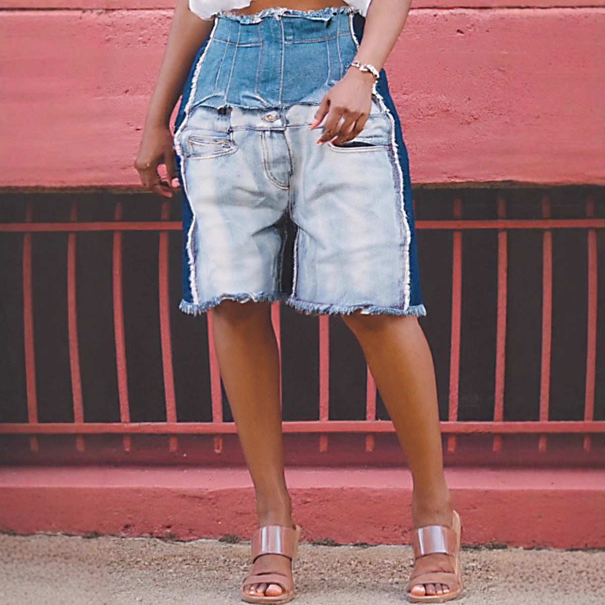 Women's High Waist Distressed Denim Shorts - Patchwork Design Casual Summer Bermuda Jeans (Blue, S-2XL)_mkmklike.com