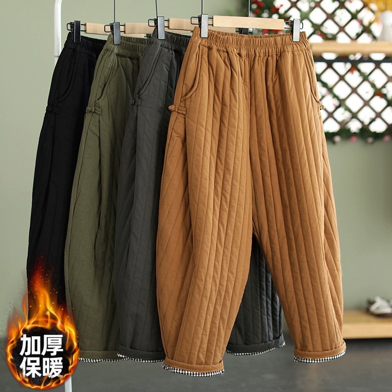 日系高端外贸原单出口冬季保暖盘扣夹棉哈伦裤外穿加厚复古棉裤女