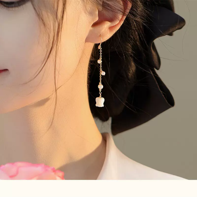 淡水珍珠耳环女气质风铃兰花贝壳耳钩中式古风汉服刘亦菲同款耳环