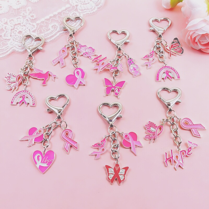 Pink Love Breast Care Oil Keychain Pendant Heart Butterfly Metal Alloy Hope Pendant Creative Bag Accessories