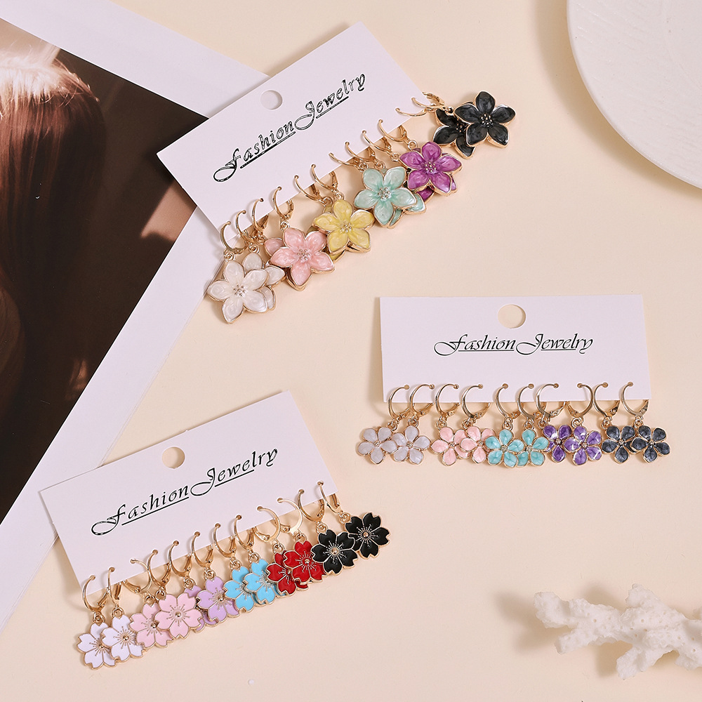 Juego de pendientes de aleación con diseño de flor de cerezo, estilo europeo y americano, superventas transfronterizo, diseño de nicho, con efecto de goteo de aceite y colores vibrantes, venta al por mayor