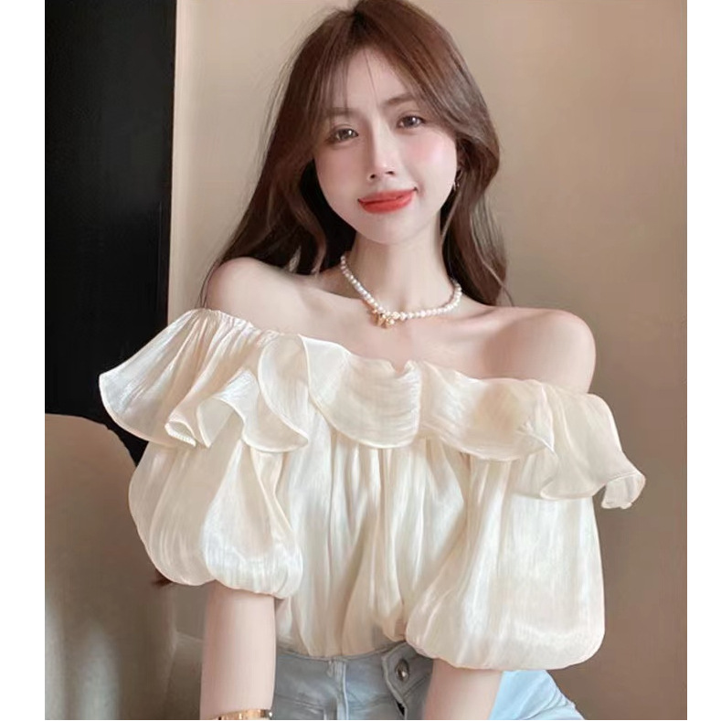 진짜 가격 순수한 욕망 우아한 오프 숄더 셔츠 여성 디자인 센스 니쉬 탑 러플 웨스턴 스타일 숄더 쉬폰 셔츠 여름