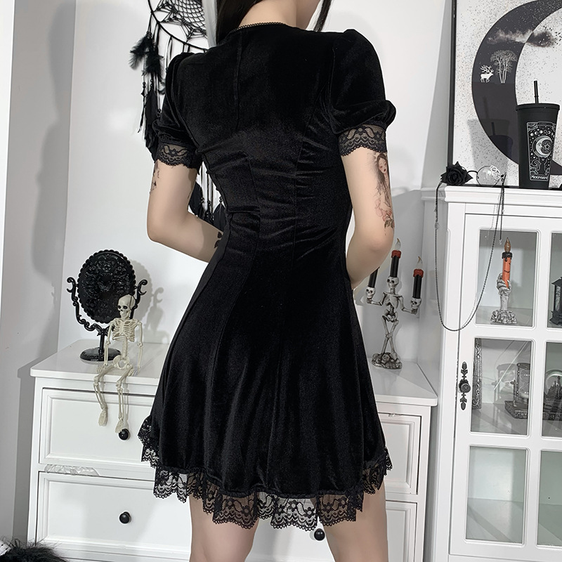 Dark Style Suede Square Neck Puff Short-Sleeved Lace Trim Dress NSGYB99085