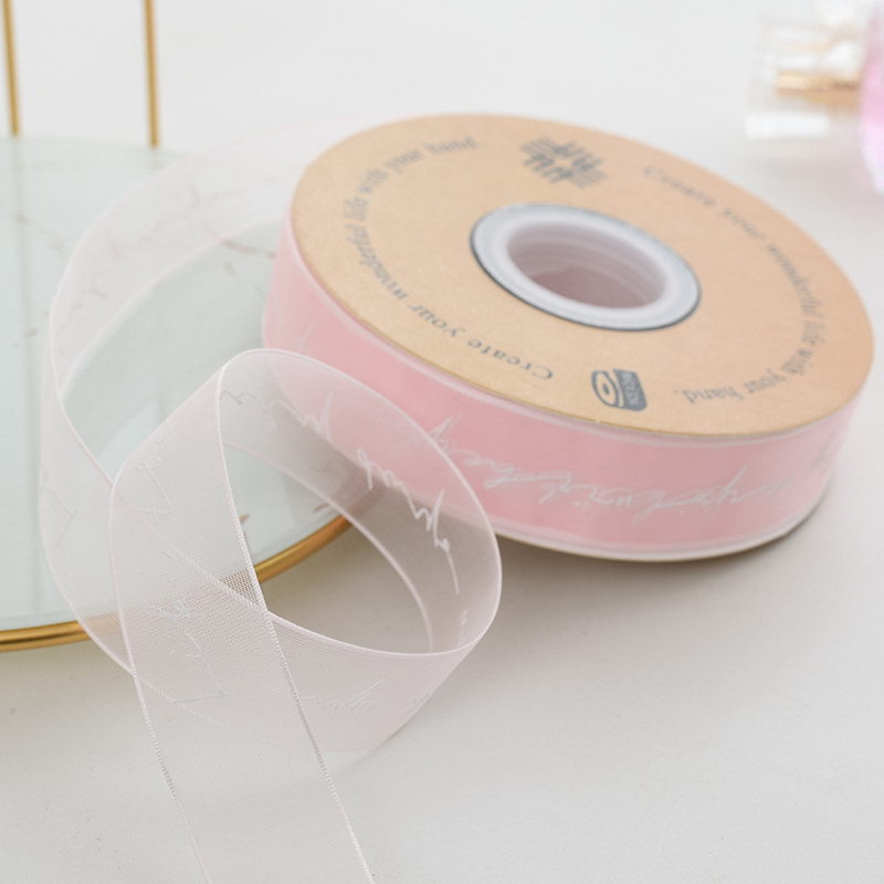 Venta al por mayor cinta de impresión de hilo de nieve letras inglesas Flor de organza pastel de embalaje cinta de ramo de vendaje transparente