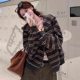 慵懒风撞色条纹连帽长袖卫衣女秋冬季设计感百搭宽松显瘦外套开衫