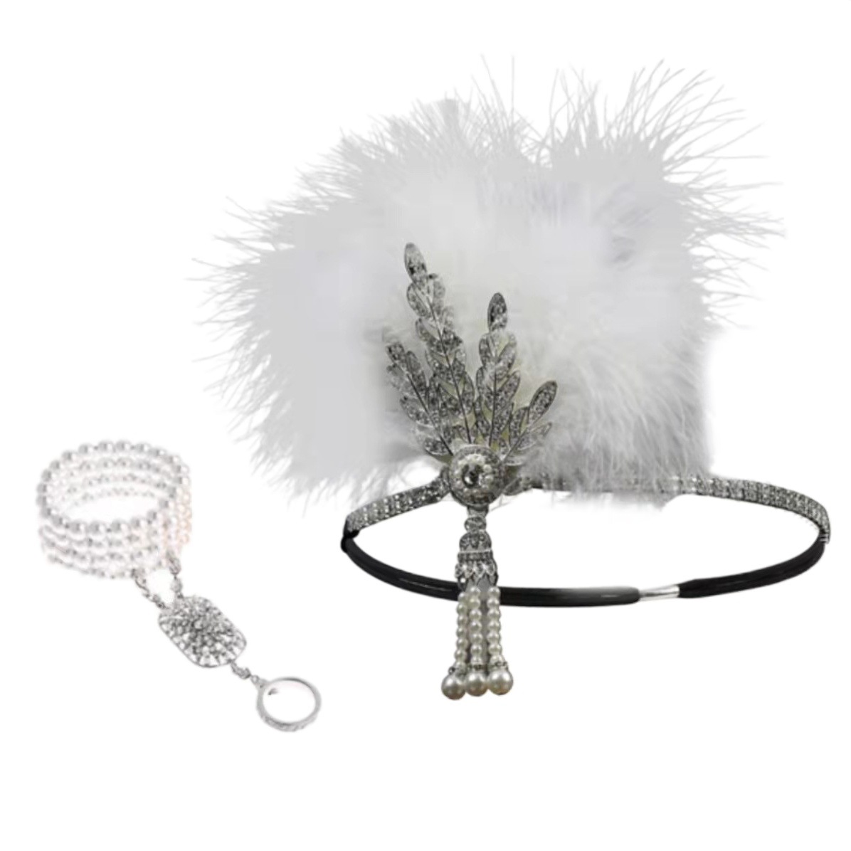 1960s Gatsby Venta caliente retro danza diadema negro avestruz pluma banda de pelo perla rhinestone tocado club nocturno