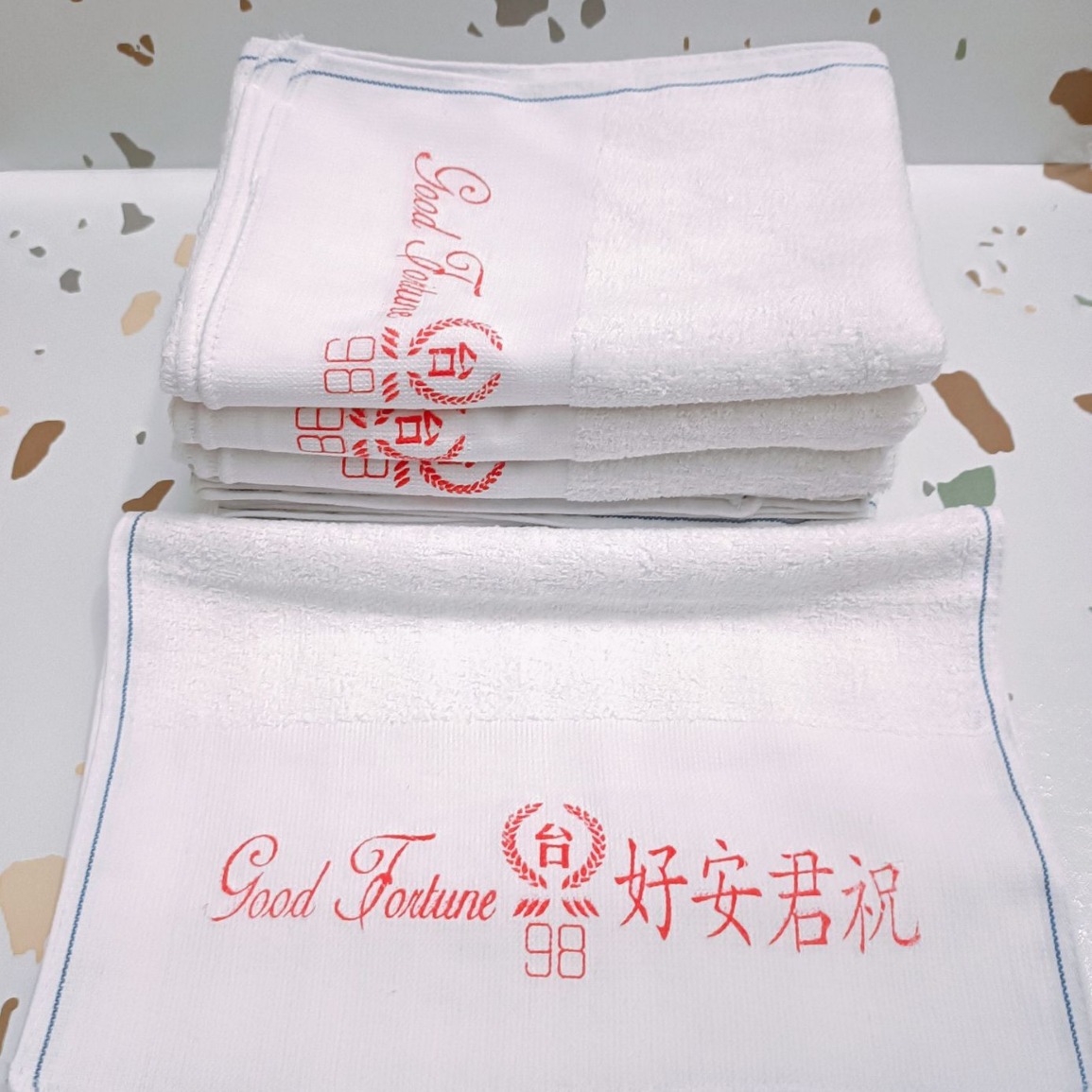 All-cotton good morning towel wish Jun'an good blue edge printing gift towel 98 sets of words wish Jun'an good towel