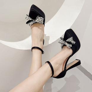 Foreign trade new fairy 13cm super high heel chunky heel platform pointed Pearl bow buckle sandals