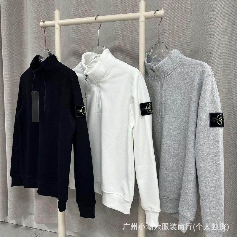 Stone Island Spring and Autumn New Ins Compass Arm Logo Half-Zip Pullover Solid Color Terry Crew Neck Loose Sweatshirt