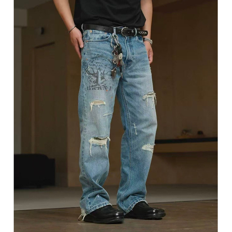 Temu European and American Cross-Border Men's Jeans, Trendy High-Street Heavy-Duty Printed Ripped Loose Straight-Leg Pants