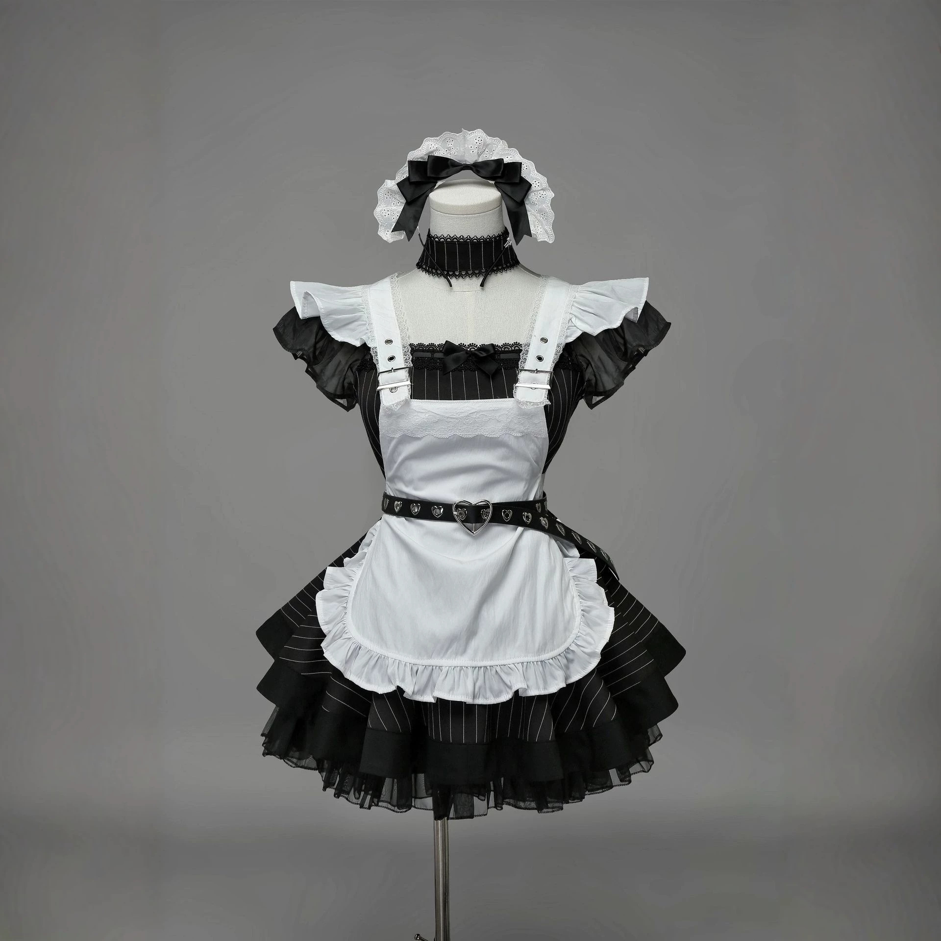 Retro Black and White Stripesd Lolita Maid Outfit Subculture Japanese Style Cute Apron Suit Cosplay Dress