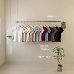 egg.unique Uネック スリムT レディース 韓国風 シンプル 万能 快適 無地 Uネック スリム 半袖 Tシャツ トップス