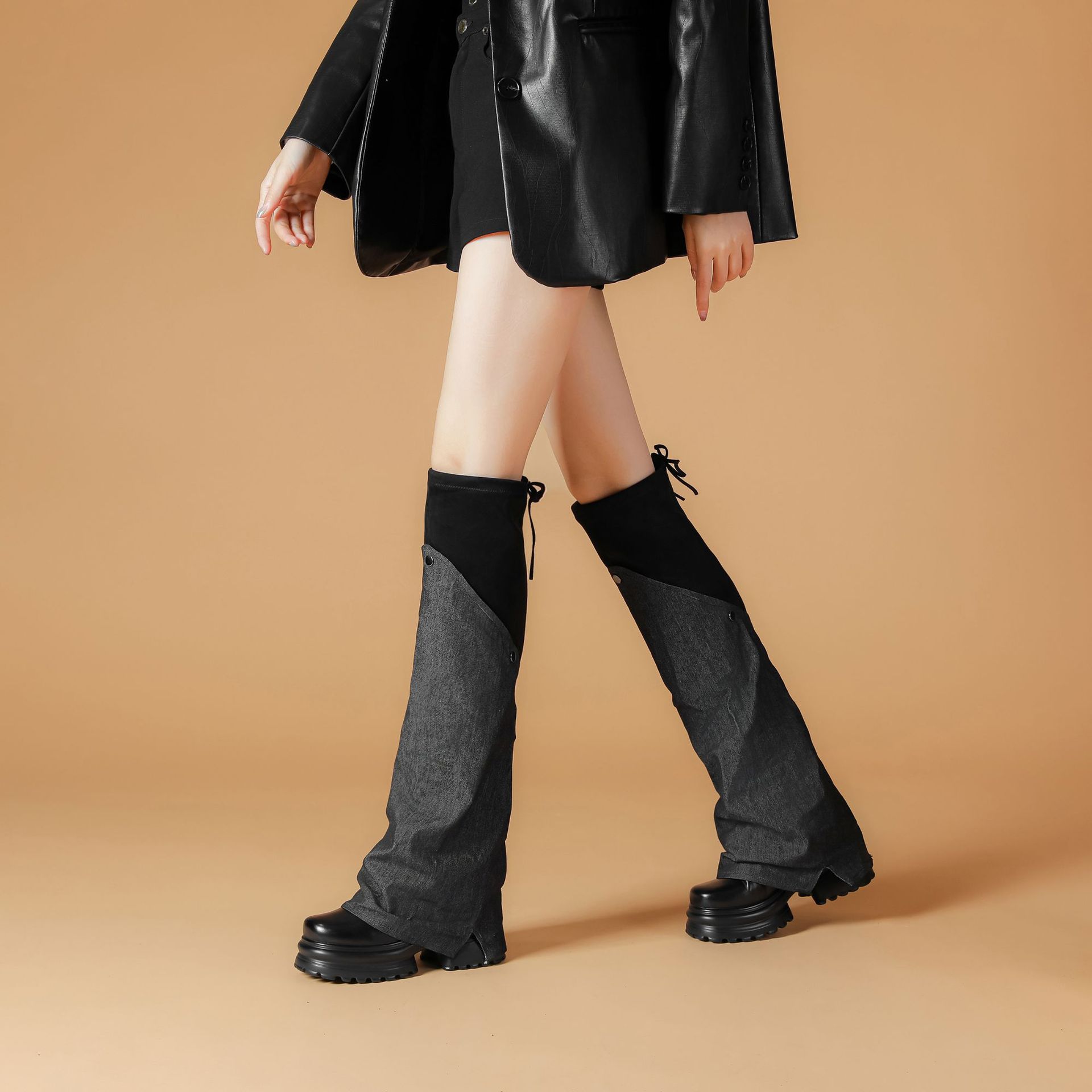 Boot nữ cổ cao ôm bắp chân chất jean phong cách miền Tây, gót 10 cm — Nhung đen jean chi tiết 3