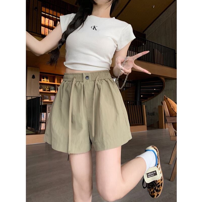 [in Stock] Drawstring Elastic Waist Casual Pants for Women, Summer Loose Wide-Leg Pants, Quick-Dry Workwear Straight-Leg Pants, Short Wholesale