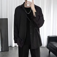 2024春秋港风复古条纹衬衫男长袖大码宽松休闲寸衫青少年衬衣外套