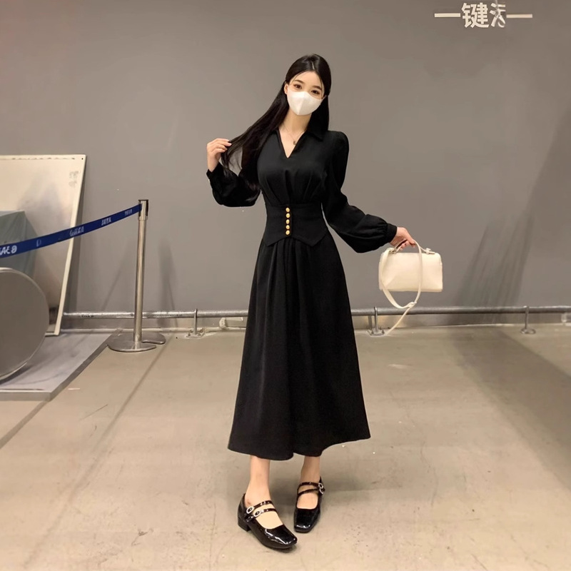 大码法式赫本风黑色v领长袖连衣裙女春季微胖mm收腰显瘦气质裙子|undefined