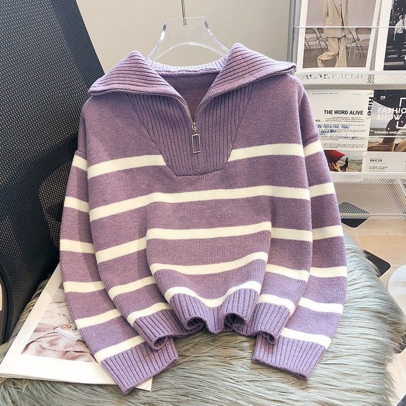 2023 otoño e invierno nuevo estilo coreano cuello alto contraste color casual suéter mujer abrigo suelta moda cremallera rayas suéter