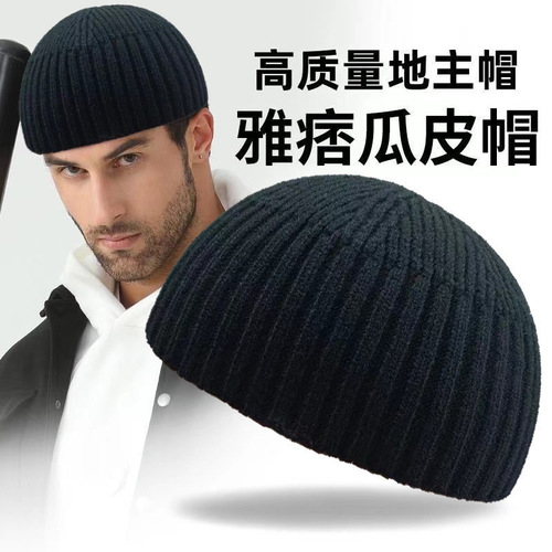 Short sleeve all-cotton knit men's thick helmet-cap pure cotton melon rind hat knitted hat autumn winter bald head hat for men winter