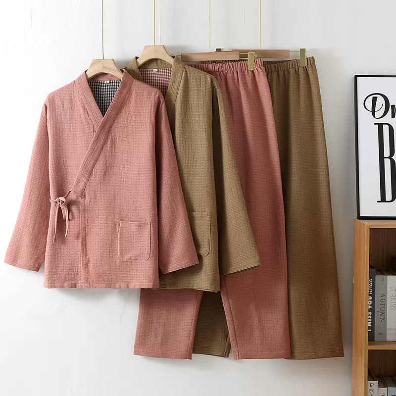 日系无印色织纯棉双层纱布情侣睡衣春秋夏薄款男女和服宽松家居服